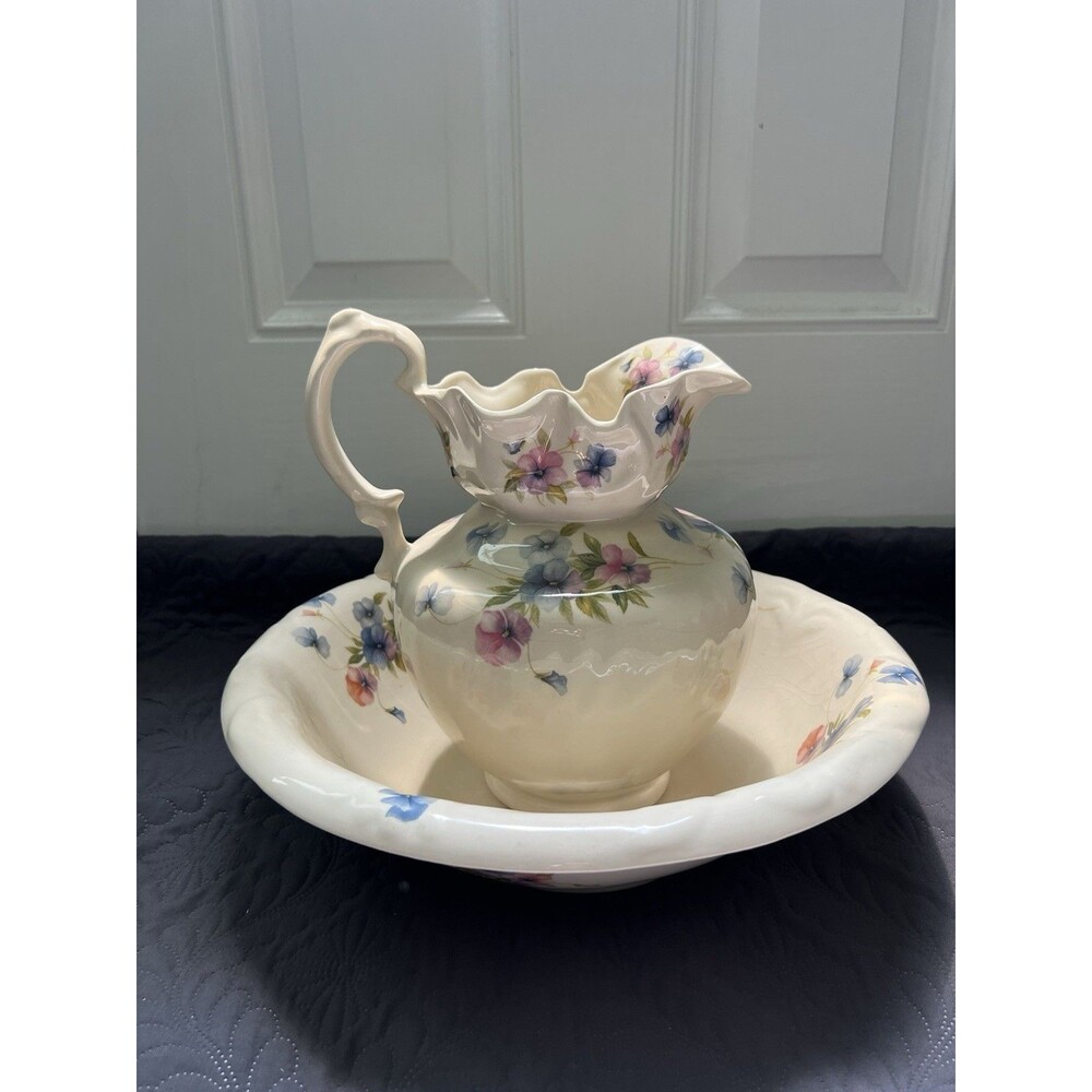 Vintage IRONSTONE  Large Cream 12" Floral Water Pitcher & 16” Basin Bowl *READ*